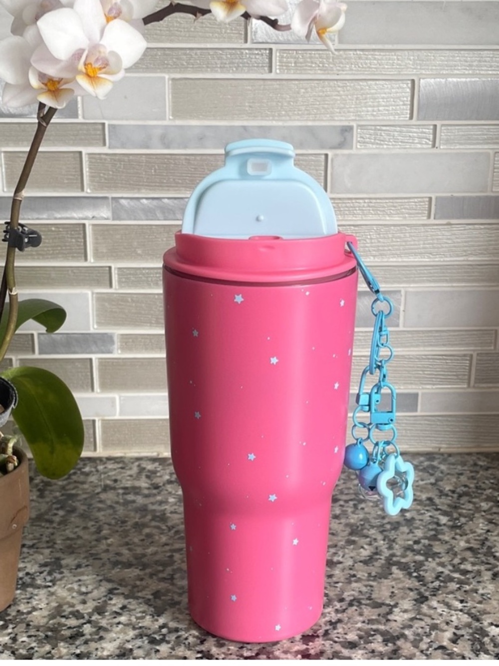 Pink Star Travel Tumbler with Lid and Blue Charm • 24 oz Vacuum Seale Travel Mug